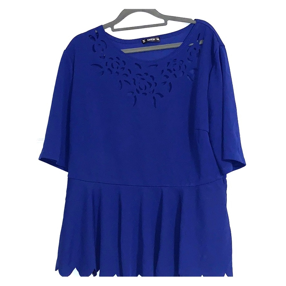 SHEIN Blue 3/4 Sleeve Shirt. Laser Cut Peplum top